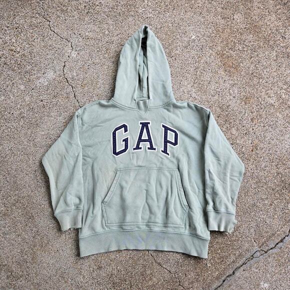 Vtg Y2k GAP Embroidered Arc Logo Spellout Earthtone Hooded Sweatshirt XXS Fit - Picture 1 of 7